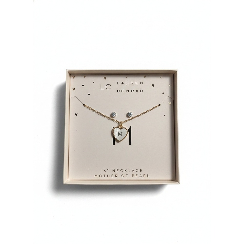 Lauren Conrad "M" Initial Mother of Pearl Heart Pendant Necklace 16" Gold Tone